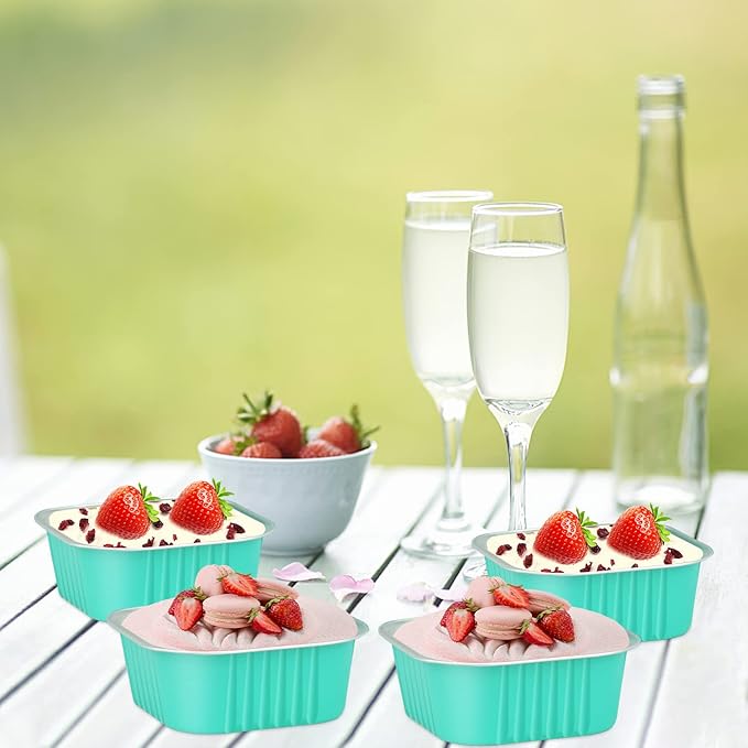 LNYZQUS 10oz Aluminum Brownie Pans 40 Pack, Square 4”X4” Disposable Ramekins Cupcake Liners with Lids,Mini Cake Baking Pans,Large Muffin Tin Holders for Catering Gathering-Cyan Blue