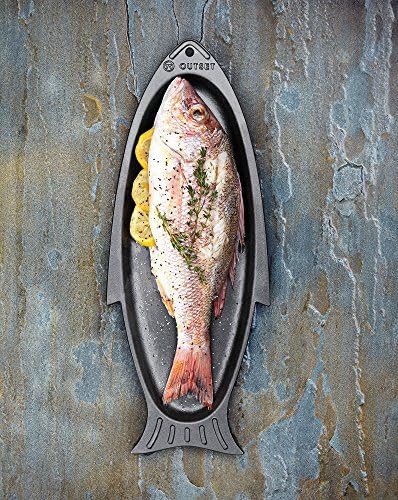 Outset Cast Iron Fish Grill and Serving Pan, 18.9 x 7.28 x 0.98 inch BBQ and Oven Safe Fish Cooking Pan