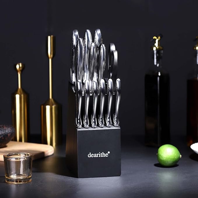 Knife Sets for Kitchen with Block, 14 Piece High Carbon Stainless Steel Knife Block Set with Built-in Sharpener, Professional Kitchen Knife Set, Hammered Pattern Hollowed Handle Design
