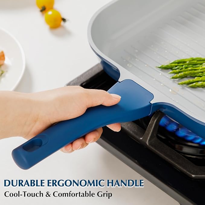 KOCH SYSTEME CS 9.5 Inch Nonstick Grill Pan for Stove Tops, Square Frying Pan with Pour Spouts, Square Pan for Indoor Cooking, Grill Skillet with Bakelite Handle, PTFE & PFOA Free, Blue