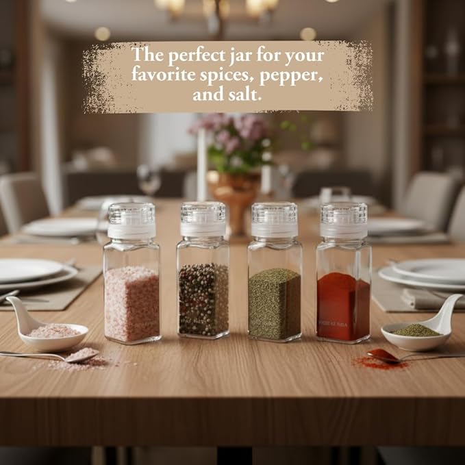 Small Clear Square Glass Spice Jar & Adjustable Grinder Cap | Store & Grind Pepper Salt Spice Herbs Sugar| Foodgrade BPA Free Dishwasher Safe Refillable | 4 Fl. Oz. Capacity | Hand packed in USA