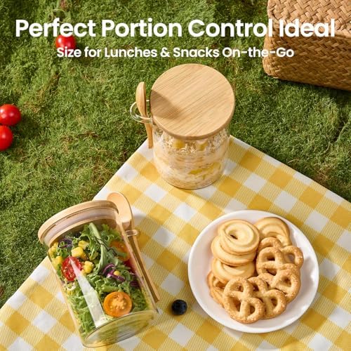 4 Pack Overnight Oats Containers with Bamboo Lids and Spoons - 22 oz Airtight Glass Jars with Lid, Meal Prep Jars for Chia Pudding, Yogurt, Salad, Cereal, Coffee, Flour | Food Storage Canister