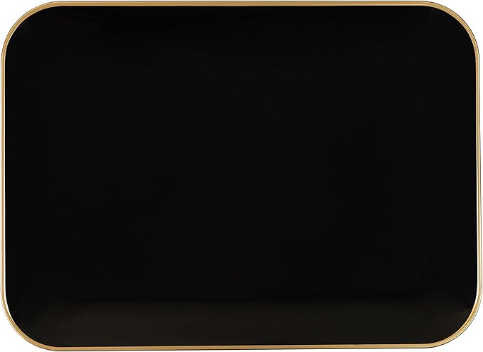 Plasticpro Plastic Serving Trays - Rectangle Black Serving Platters with Gold Rim 8''X11'' Disposable Party DishPack of 2