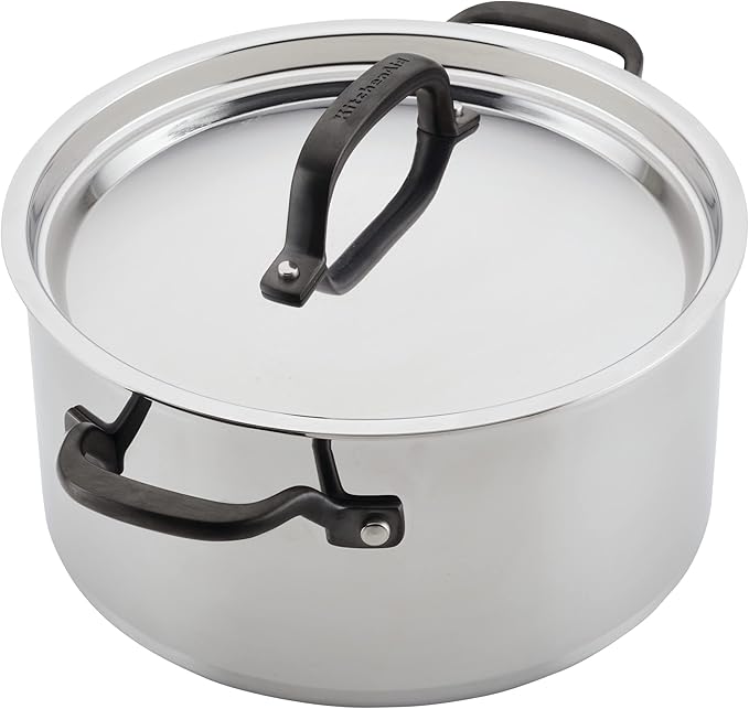 KitchenAid 5-Ply Clad Polished Stainless Steel Stock Pot/Stockpot with Lid, 6 Quart - Stainless Steel