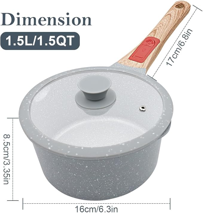 1.5 Quart Ceramic Nonstick Saucepan with Lid, Small Sauce Pot with Pour Spouts for Multipurpose Use, milk Pan with Detachable Handle, Oven Safe, Blue