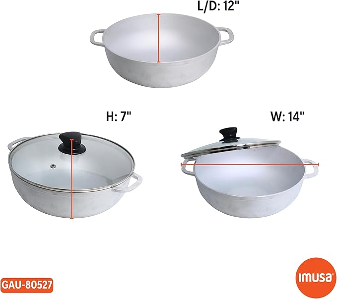 IMUSA Caldero Cast Aluminum Stock Pot 7 Qt with Glass Lid, 30 cm Diameter, Heavy Bottom Cooking Pot with Riveted Handles, Oven Safe Rice Pot for Stews, Soups and Beans