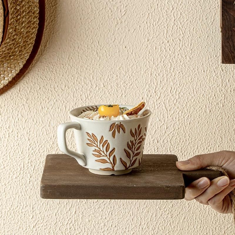 4 Pack 12oz Embossed Leaf Ceramic Coffee Mugs, Vintage Speckled Stoneware Tea Cups, Rustic Brown Spring Leaf Large Drinking Mugs, Microwave & Dishwasher Safe, Farmhouse Kitchen Decor, Gift Set