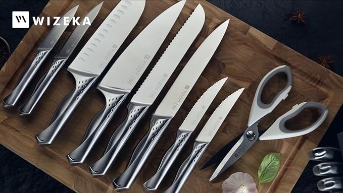 WIZEKA Kitchen Knife Set with Block: Razor Sharp 15 Pcs Professional Chef Knife Set with Knife Sharpener, Food Grade German Stainless Steel Knife Block Set, Jaguar Series