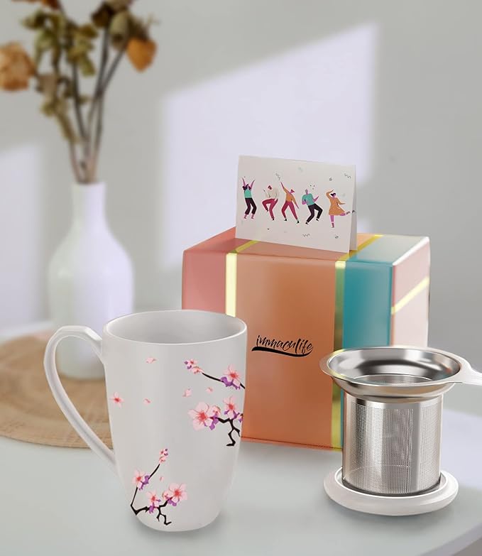 Tea Cup with Infuser and Lid for Steeping Loose Leaf Tea Bag Coffee Milk Women Office Home Gift 16oz Peach Blossoms