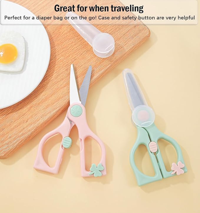 Baby Food Scissors Kicthen Shears,Portable Healthy Cute Kids Scissors Stainless Steel Scissors with Safety Lock and Storage Case - Ideal for Cutting Meat, Chicken, Vegetables, and Fruits (2Pack)