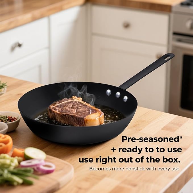 Coating-Free Carbon Steel Pan Durable 10 Inch Frying Pan, Pans For Cooking Delicious Meals, Oven Safe, Induction Compatible Pfoa Free