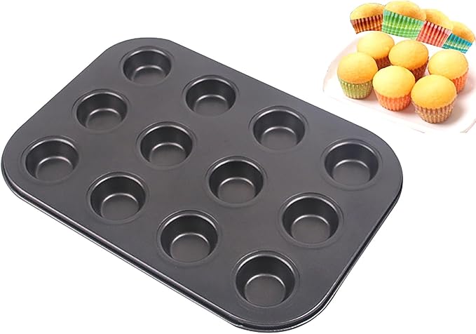 YIKANGHENG Small Carbon Steel Non Stick Coating Muffin Pan, 1 Pack Mini Size 10.5 Inch x 7.2 Inch 12 Cup Cupcake for Baking of Muffin, Cake, Doughnut and Bread (1)