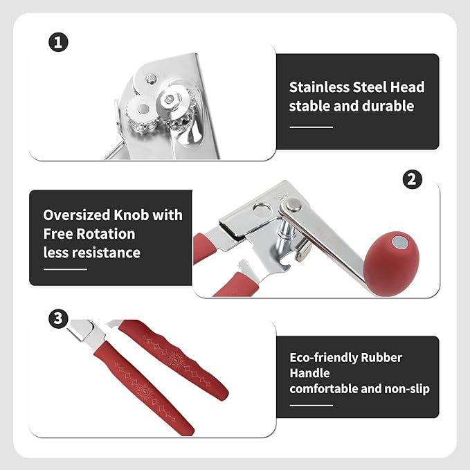 Manual Can Opener with Magnet, Heavy Duty Hand Can and Bottle Opener with Stainless Steel Blade and Rubber Grip, Smooth Cutting Hand Can Openers for Senior, Magnetic Lid Remover Kitchen Tool (Red)