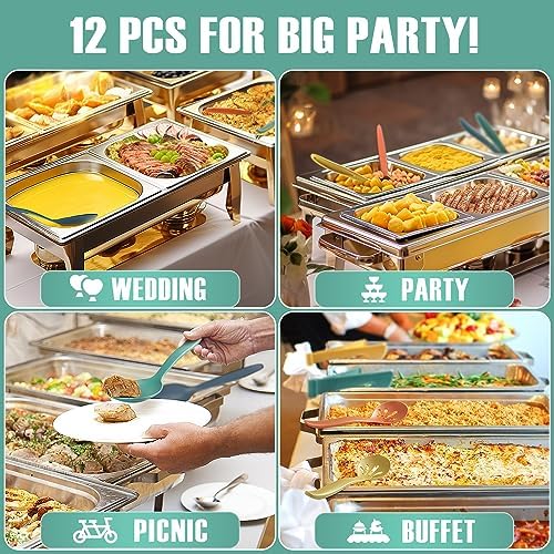 Reusable Plastic Salad Serving Utensils of 12, 10" Wheat Straw Large Salad Server Set Spoons/Slotted Spoons/Sporks, for Party Buffet Catering (Orange/Blue/Yellow/Green, Not for Cooking)