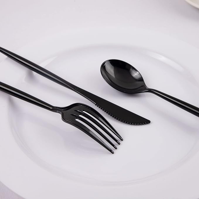 Supernal 180pcs Black Plastic Silverware Heavy Duty Black Party Cutlery Disposable Plastic Forks and Spoons Disposable Utensils Flatware Include 60 Forks,60 Knvies,60 Spoons (Pack of 2)