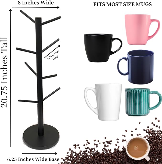 Evelots Countertop Coffee Mug Holder - Tea Cup Organizer Rack - Tree Hooks Hold 8 Large Mugs - Sturdy Wood with Black Finish - Coffee Bar Display Storage