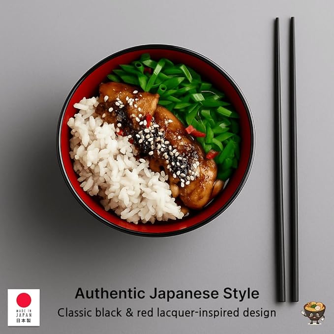 JapanBargain, 2-Pack Authentic Japanese Plastic Ramen Bowl, Black and Red Lacquered Style Noodle Soup Bowl, Made in Japan, Food Safe BPA Free, Microwave and Dishwasher Safe, 38 oz