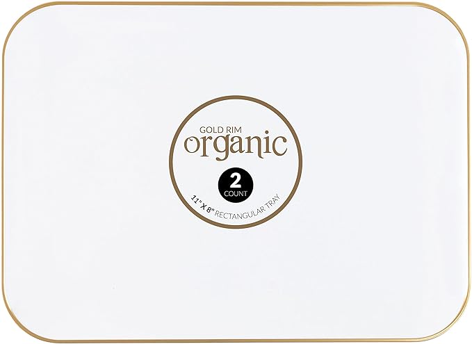 Plasticpro Plastic Serving Trays - RectangleWhite Serving Platters with Gold Rim 8''X11'' Disposable Party DishPack of 2