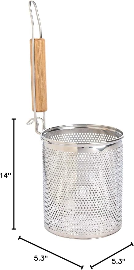 Helen's Asian Kitchen Deep Noodle Spider Strainer, 5.3-Inch Pierced 18/8 Stainless Steel Basket With Wood Handle, For Noodles, Dumplings, Wontons, Deep Frying, And Draining Tasks