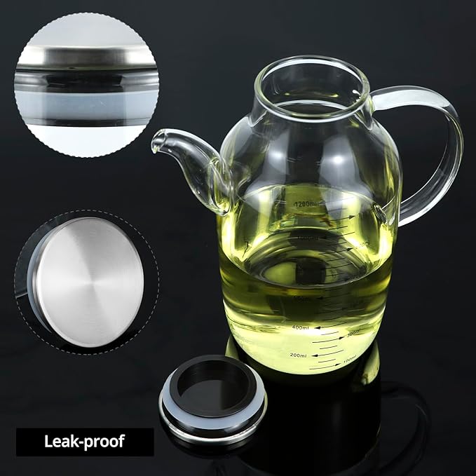 QWORK 1200ML/40Oz Large Glass Cooking Oil Bottle with Stainless Steel Lid, Oil & Vinegar Dispenser Bottle for Olive Oil, Vinegar, Soy Sauce, Kitchen No Drip Liquid Container