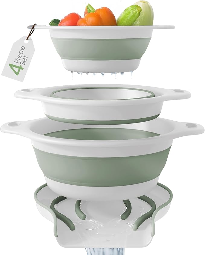 Collapsible Colanders (3 Pack Set) Food Strainers with Over-Sink Water Draining Base for Pasta Fruits and Vegetables, White/Sage (3 Sizes, 3QT, 4QT and 5 Quart)