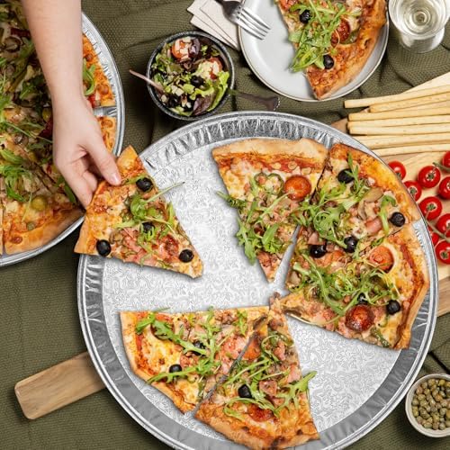 15 Pack Disposable Pizza Pans 14IN, Large Aluminium Foil Serving Platters/Trays for Parties, Silver Embossed Foil Serving Dishes/Plates for Vegetable, Fruit, Slices of Cake, Cookies