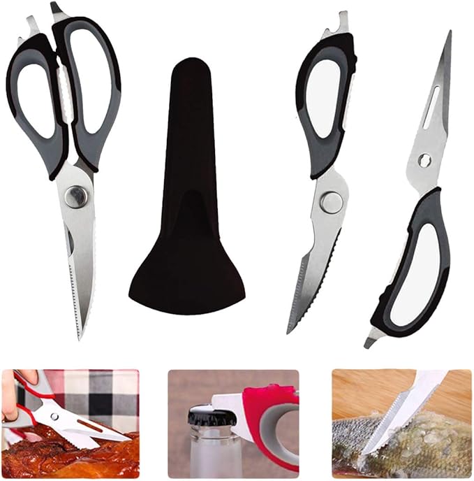Multifunction Kitchen Food Scissors, Detachable Stainless Steel Heavy Duty Culinary Scissors, 7-in-1 Household Shears with Magnetic Holder, for Cut Poultry Meat Bone Vegetables Fruit Seafood (black)