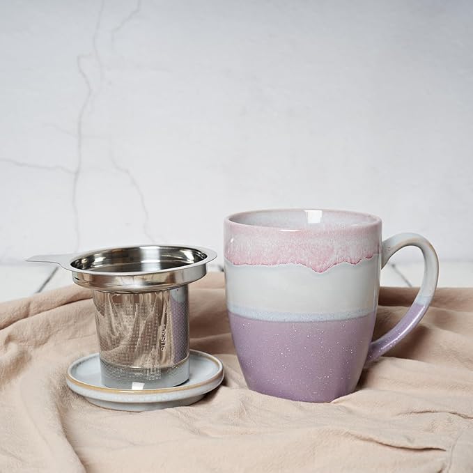 Bosmarlin Ceramic Tea Cup with Infuser and Lid, 16 Oz, 4 Colors to Choose, Dishwasher and Microwave Safe, Steeping Tea Mug with Strainer, Reactive Glaze, (Purple)