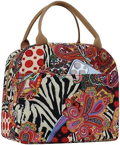 EurCross Aesthetic Lunch Box Bag for Women Daily Use,Boho Stylish Elegant Canvas Insulated Adult Lunch Bento Box Tote Bag