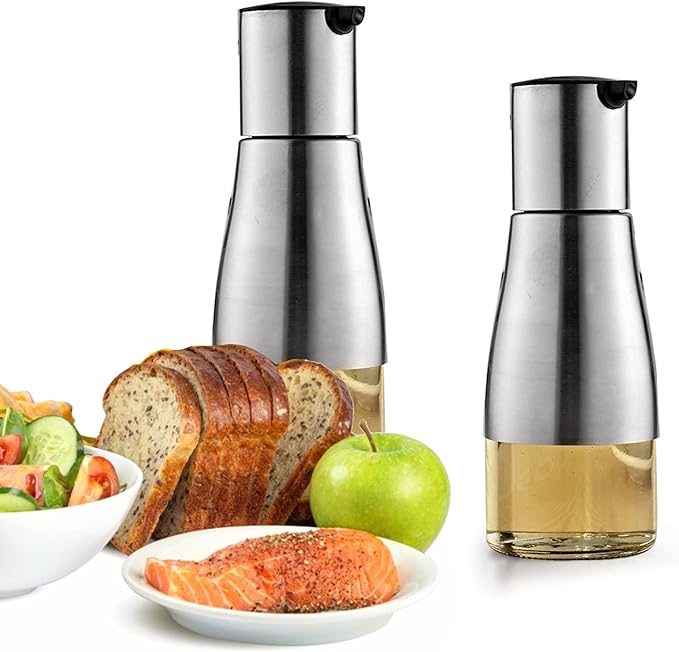 Tebery 2 Pack Silver Olive Oil and Vinegar Dispenser Set, 10OZ Oil Dispenser Cruet with Easy & Drip Free Pouring, Elegant Stainless Steel with Glass Bottom
