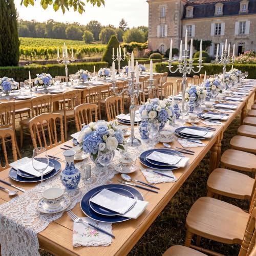 KIRE 175Pcs Blue Plastic Plates with Silver Rim & Disposable Silverware with Blue Handle & Silver-rim Cups & Hand Napkin & Plastic Dinnerware for Parties/Wedding