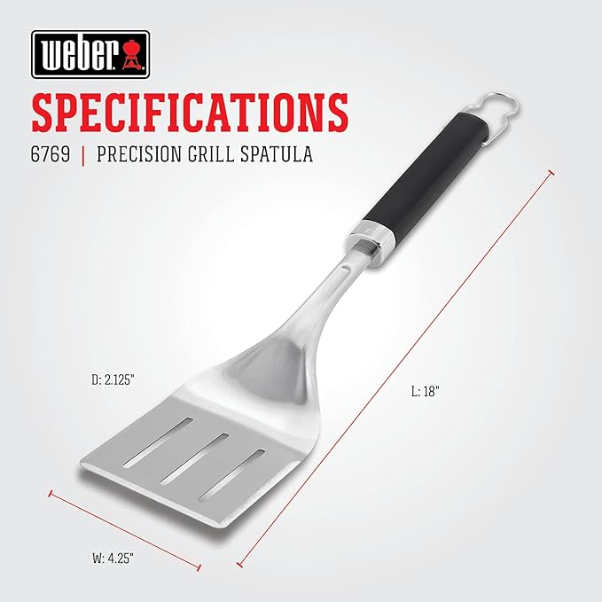 Weber Precision Grill Spatula, Silver – Stainless Steel BBQ Spatula with 3‑Sided Beveled Edge, Non‑Slip Soft‑Touch Handle, Hanging Loop, Dishwasher Safe