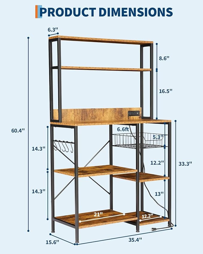 IDEALHOUSE Kitchen Bakers Rack with Power Outlets, 5-Tier Microwave Stand with 2 AC Outlets, USB & Type-C Ports, Coffee Bar Station with 6 S-Hooks and Basket, 35.43 x 15.75 x 60 Rustic Brown