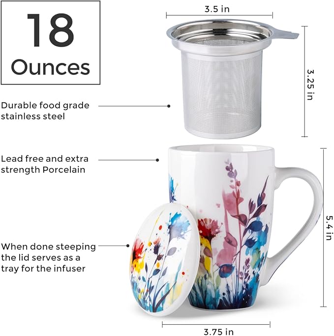 AmorArc Porcelain Tea Mug with Infuser and Lid – 18oz Loose Leaf Tea Cup with Handle, Gift for Tea Lovers (Men & Women)