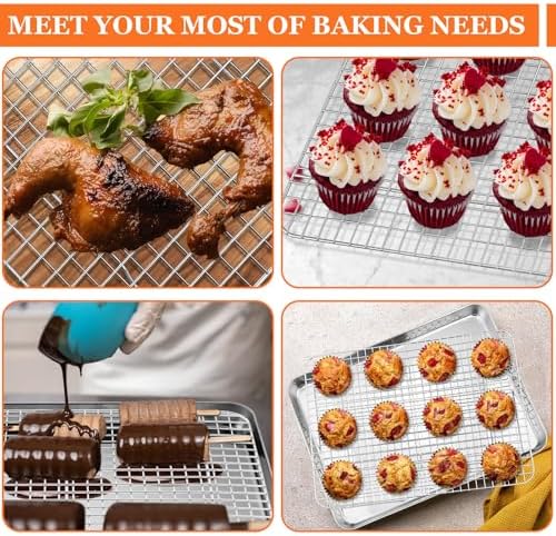 Jelly Roll Pan with Cooling Rack, Leonyo Baking Sheet Pan with Wire Rack, Commercial Stainless Steel & Nonstick Large Cookie Sheet Trays for Oven Cooking, Size 16 x 12 Inch (2 Trays + 2 Racks)