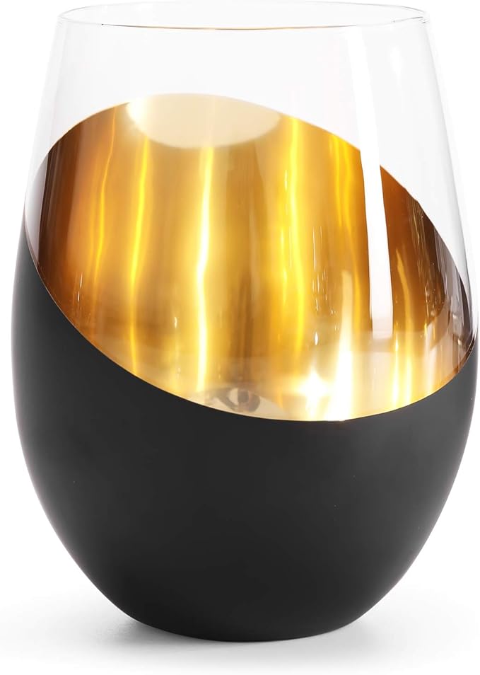 MyGift Modern Matte Black and Gold Tilted Design Stemless Wine Glasses Tumblers - 18 oz, Set of 6