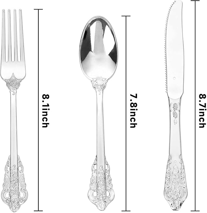 WDF 120PCS Silver Plastic Silverware - Heavy Duty Silver Plastic Cutlery Set - 40 Forks, 40 Spoons, 40 Knives, Perfect for Parties Weeding Baby Shower Spring