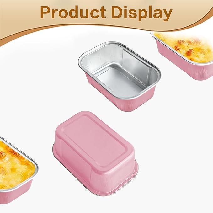 Mini Cake Pans With Lids And Spoons,5.5 oz Rectangle Mini individual Loaf Pans Disposable Aluminum Foil Small Baking Cups Tins (100, Pink)