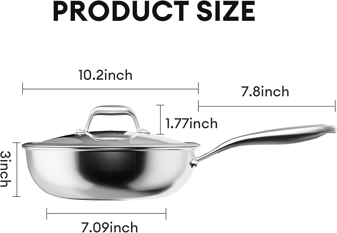 COOKER KING 10-Inch Hybrid Stainless Steel Wok with Lid, Nonstick Stir Fry Pan & Deep Frying Pan, Tri-Ply Clad Honeycomb Everyday Pan, Induction Ready, Oven & Dishwasher Safe, PFOA Free