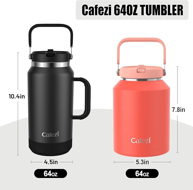 64 oz Insulated Water Bottle with Flip Straw, Vacuum Insulated Stainless Steel Jug with Top Handle, Leak-Proof Lid, Sweat-Free, Wide Mouth, Keeps Ice Cold up to 34 Hours