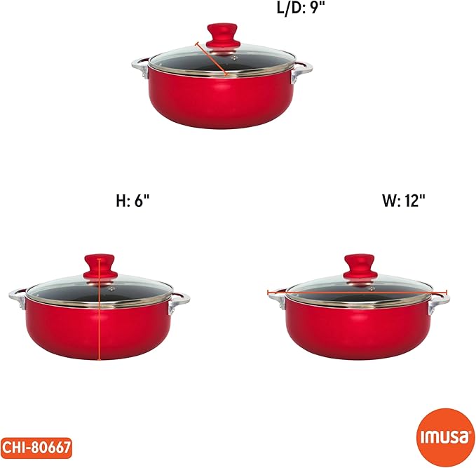 IMUSA 3.2 Qt Red Aluminum Dutch Oven with Black Ceramic Nonstick, Glass Lid & Riveted Handles – Oven Safe Caldero for Everyday Cooking
