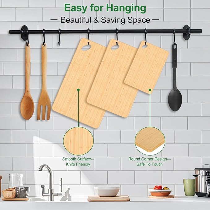 Wood Cutting Boards for Kitchen, Cutting Board Set of 3 Chopping Board for Meat/Vegetables/Cheese Knife Friendly Serving Tray with Holes