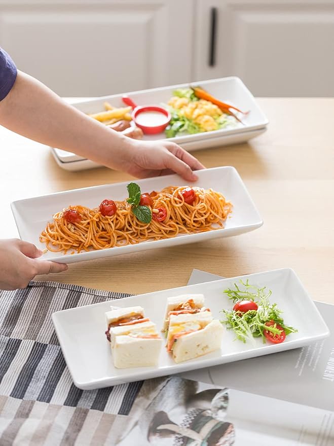 Serving Platters and Tray White Serving Dishes for Entertaining 14-inch Large Rectangle Plates for Easter, Mother's Day, Porcelain Serving Trays for Steak, Taco, Sushi, Appetizer, Party, Set of 4