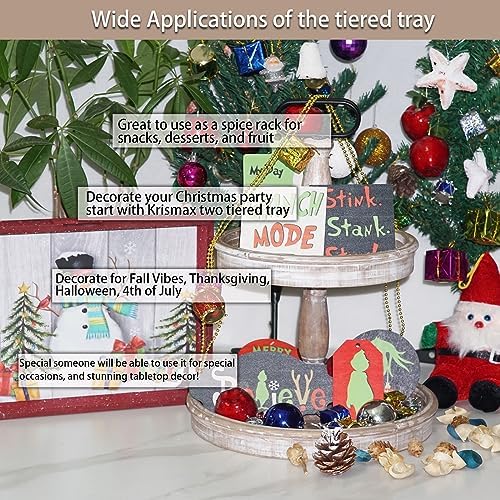 Krismax Decorative Trays - Two Tiered Tray Stand Rustic Decor Farmhouse 2 Tiered Tray Serving Tray Seasonal & Holiday Decoration Wooden Tray