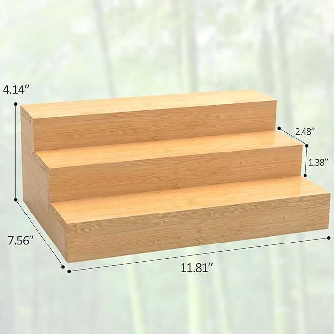 2 Pack Spice Rack Riser for Cabinet, Bamboo Spice Organizer Display Shelf for Kitchen Countertop