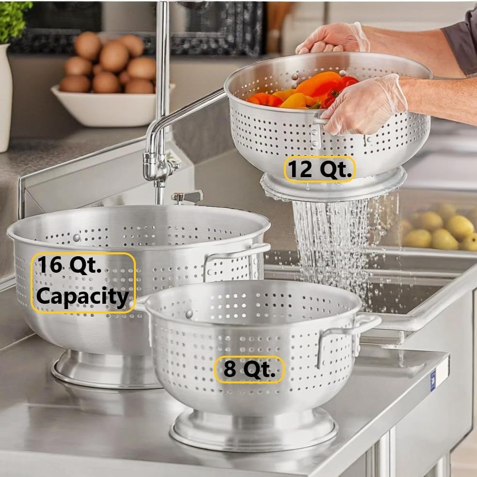 (Set of 2) 16 Qt. Aluminum Colander with Base and Handles – Heavy-Duty 16-Gauge Commercial Strainer for Pasta, Fruits, and Vegetables (2, 16 Quart)