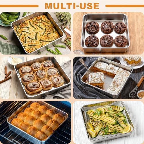 Stainless Steel Baking Pan with Lid, 8 x 8 x 2 Inch Deep Square Cake Pan with Cover, Non-toxic&Healthy Bakeware Set of 2, Easy Clean, Dishwasher & Oven Safe, for Cakes, Brownies(2Pans+2Lids)