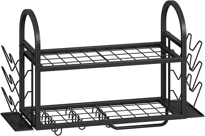 HOOBRO 30 Inch Pot Rack Wall Mounted, 2 Tier Pots and Pans Organizer with 6 Lid Holders and 10 Hooks, Wall-Mounted Pan Hanger with Towel Bar, for Kitchen Cookware Utensils Storage, Black BB100TL01