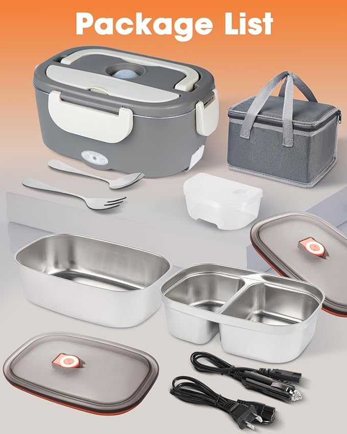 Heated Lunch Box for Men: 80W Electric Lunch Box with Dual Stainless Steel Containers - 12V/24V/110V Food Warmer with Utentils and Insulated Bag for Work, Truck Drivers, Office and Travel