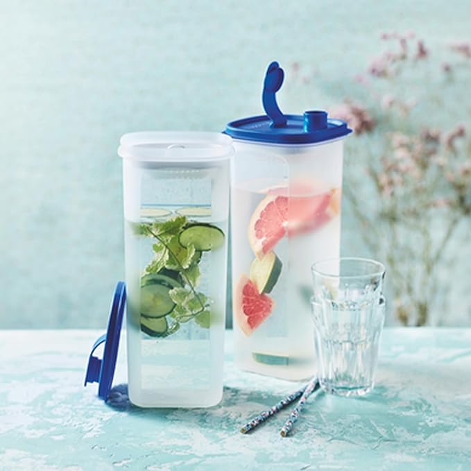 Tupperware Slim Line 2-Pitcher Set in Blue, Dishwasher Safe and BPA Free (2L / 8.4 Cups, Set of 2)
